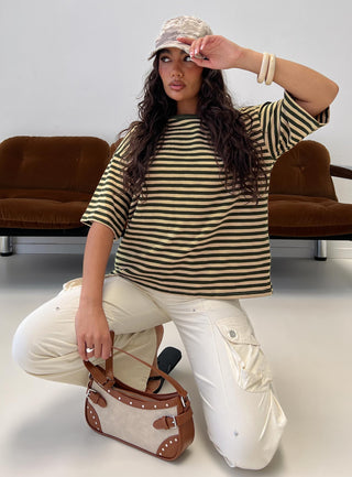 Settle Down Short Sleeve Top Green  Cream Stripe