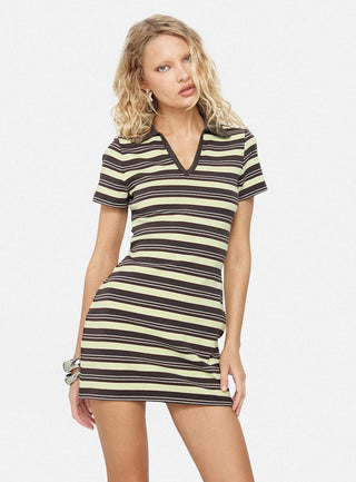 Zuria Collared V-neck Mini Dress Brown  Yellow Stripe