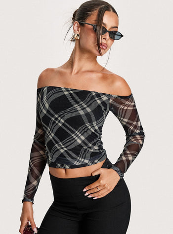 Siarah Off Shoulder Long Sleeve Top Multi Check