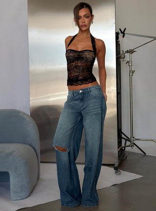 Ramos Low Rise Wide Leg Distressed Denim Jeans Dark Indigo