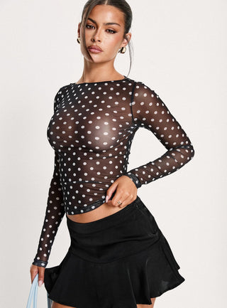 Rosenda Mesh Long Sleeve Top Black  White Polka