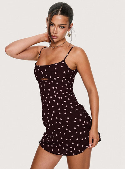 Powell Mini Dress Burgundy  Pink Polka Dot