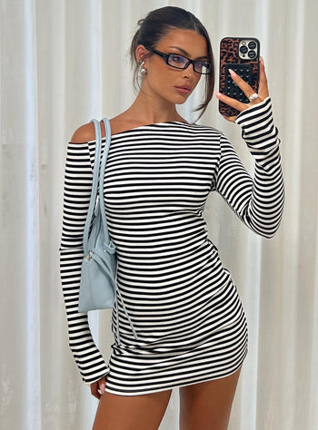 Journi Off Shoulder Long Sleeve Mini Dress Black  White Stripe