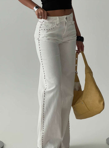 Saving Up Mid Rise Straight Leg Studded Jeans White