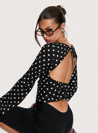 Lady Lady Long Sleeve Backless Top Black  White Polka