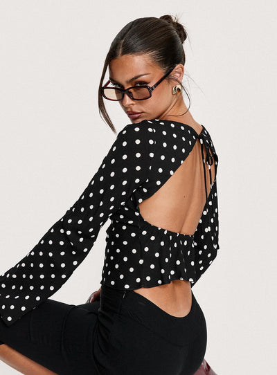 Lady Lady Long Sleeve Backless Top Black  White Polka