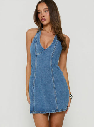 Say Goodnight Denim Halter Mini Dress Bright Blue Wash