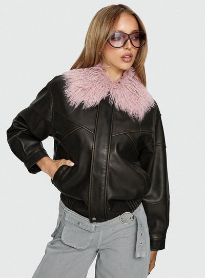 Brittanni Fluffy Collar Jacket Brown  Pink