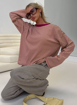 Settle Down Long Sleeve Top Lemon  Burgundy Stripe