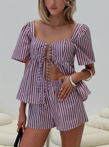 Two Young Hearts Tie Up Set Pink  Brown Stripe