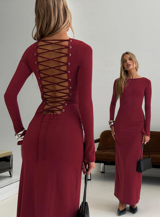 Henrieta Lace Up Maxi Dress Burgundy