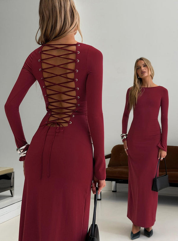 Henrieta Lace Up Maxi Dress Burgundy