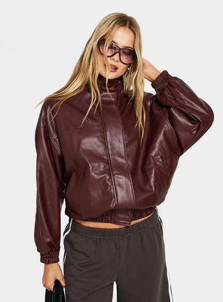Dialtone Funnel Neck Faux Leather Jacket Burgundy