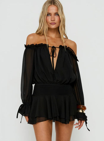 Felicita Off Shoulder Long Sleeve Chiffon Mini Dress Black