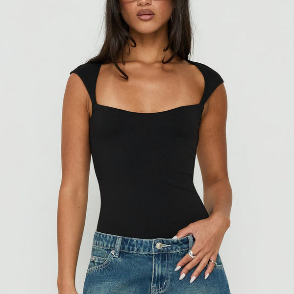 Fabienna Scoop Neck Cap Sleeve Bodysuit Black