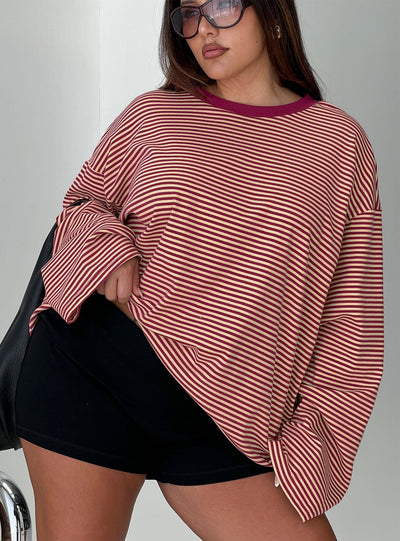 Settle Down Long Sleeve Top Lemon  Burgundy Stripe Curve