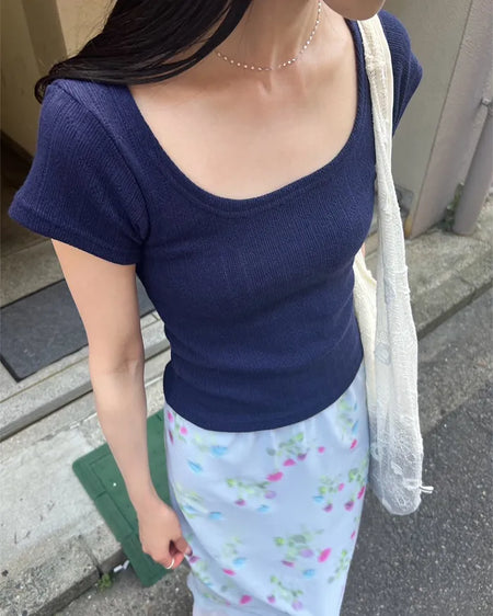 Square neck crop short-sleeved T-shirt