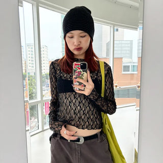 See-through lace long-sleeve T-shirt
