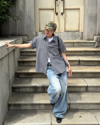 Seersucker check short-sleeved shirt
