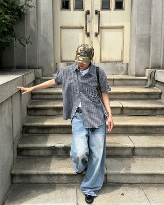 Seersucker check short-sleeved shirt