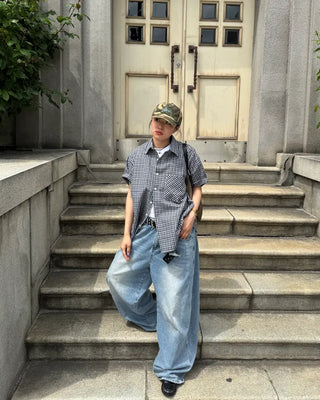 Seersucker check short-sleeved shirt