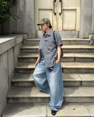 Seersucker check short-sleeved shirt