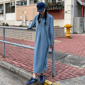 Denim-colored button-up long dress