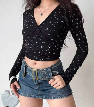 cross v-neck strap floral top