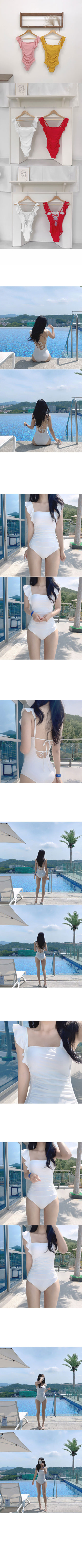 [With built-in cups] Back slit shoulder ruffle monokini