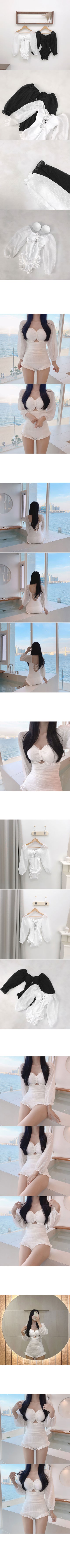 [With built-in cups] See-through sleeve ruffle monokini