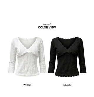 (2 colors) Lace punching mid-length T-shirt