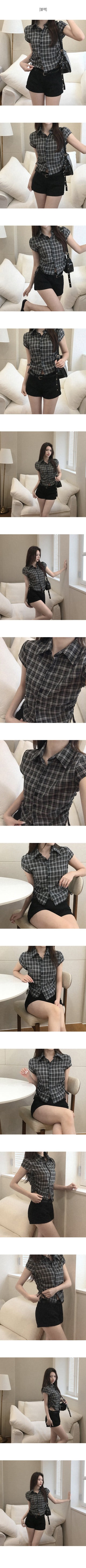 Checked Shirred Short-Sleeved Shirt Blouse