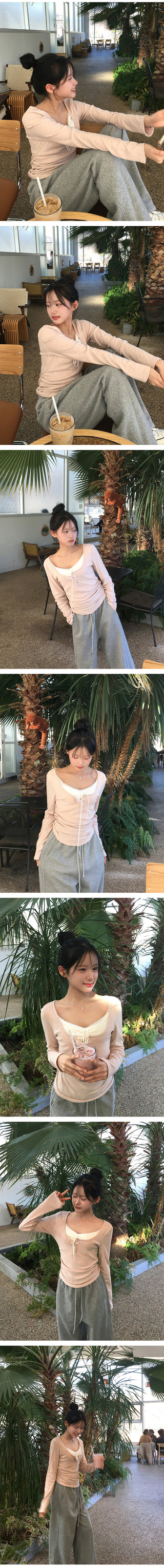 Layered Lace Shirring Long Sleeve T-Shirt