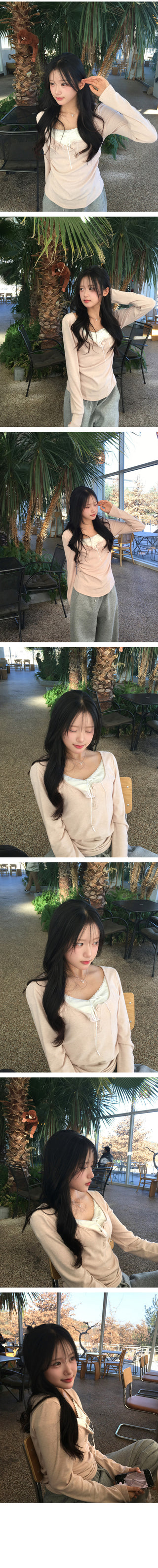Layered Lace Shirring Long Sleeve T-Shirt