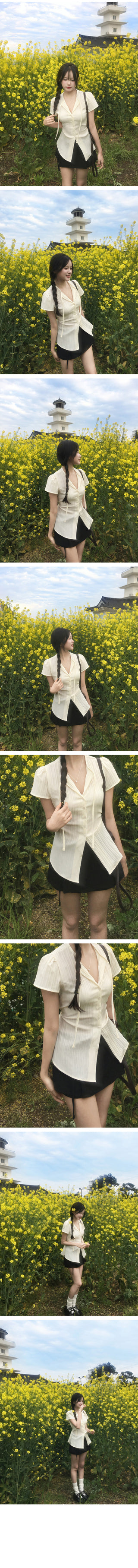 [2 colors] Belted pleated mini skirt