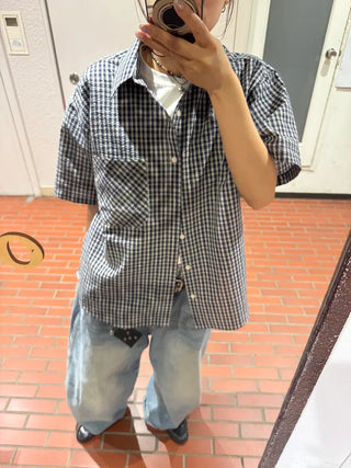 Seersucker check short-sleeved shirt