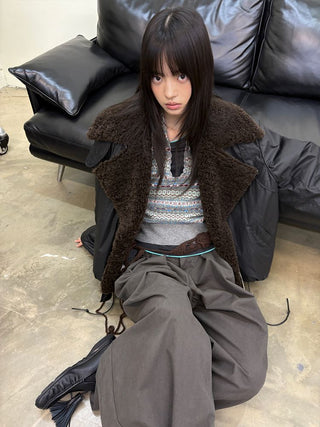 [NEVERSEEZ] Lapel Fleece Diagonal Zipper Jacket