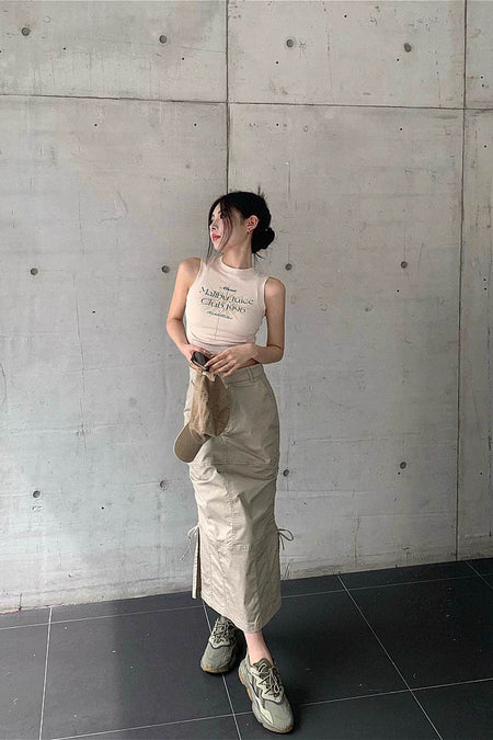 High waist overalls slit maxi skirt