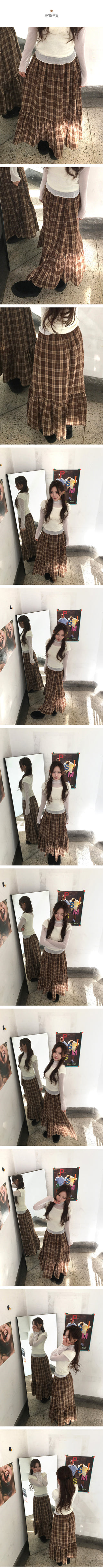 Checked frill flared long skirt
