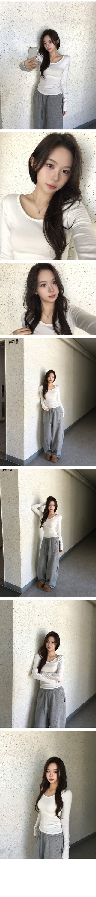 Fleece-lined U-neck slim T-shirt