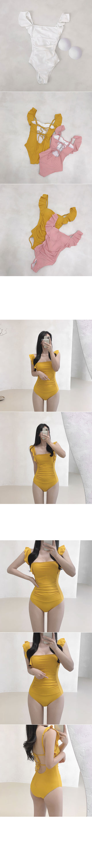 [With built-in cups] Back slit shoulder ruffle monokini