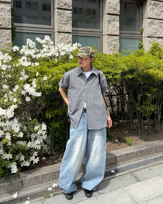 Seersucker check short-sleeved shirt