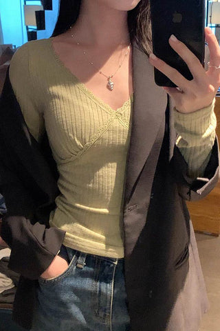 V-neck lace long-sleeve slim top