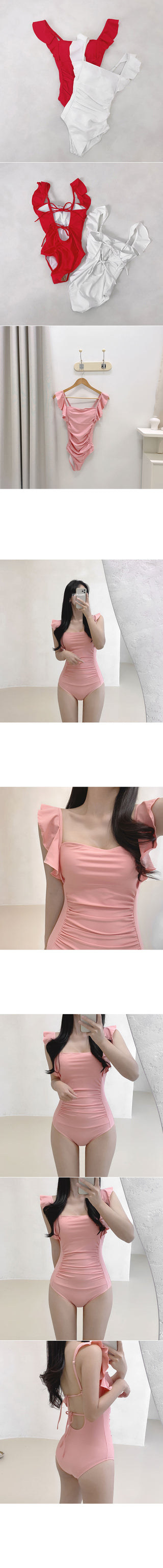 [With built-in cups] Back slit shoulder ruffle monokini