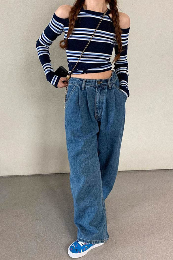 striped off-shoulder long-sleeve top