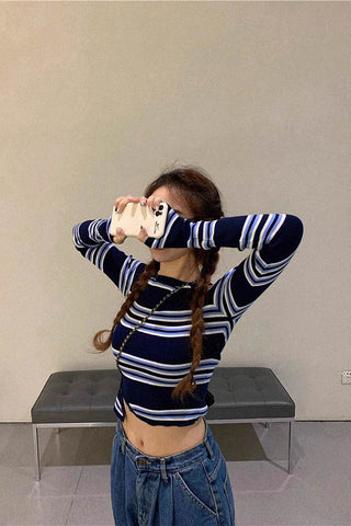 striped off-shoulder long-sleeve top