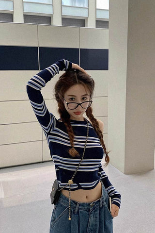 striped off-shoulder long-sleeve top