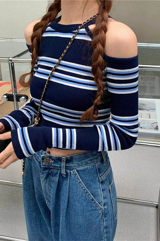 striped off-shoulder long-sleeve top