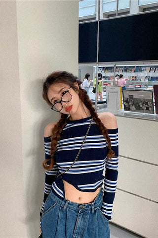 striped off-shoulder long-sleeve top