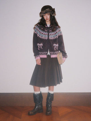 [Moromoro2] Fair Isle Bow Pocket Retro Collar  Cardigan